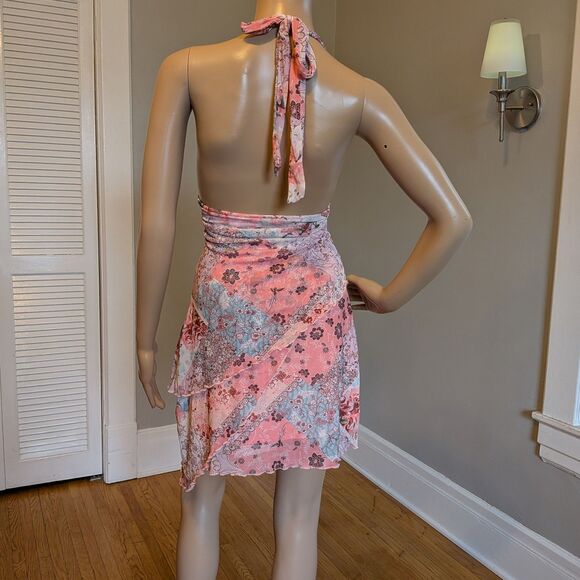 Shein Halter Mini Dress Mesh Fairycore Pastel Floral Paisley Y2K Style Size M - Picture 4 of 9
